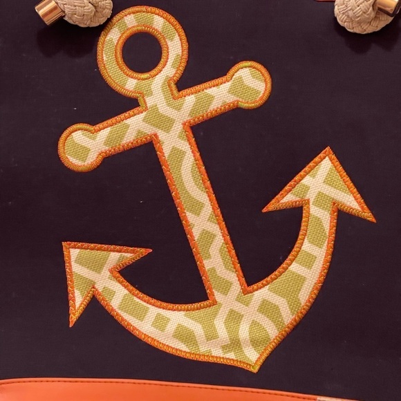 Spartina 449 Tote Bag Anchor Navy and Orange Canvas and Linen - Picture 8 of 11